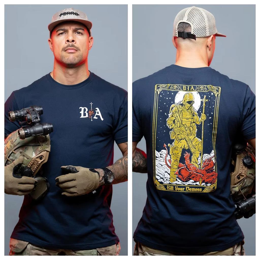 Outdoor Shooting Motivational Tactical Graphic T Shirt Unisex Double Print Large Back Tarot Card Warrior Vs Demon Bja