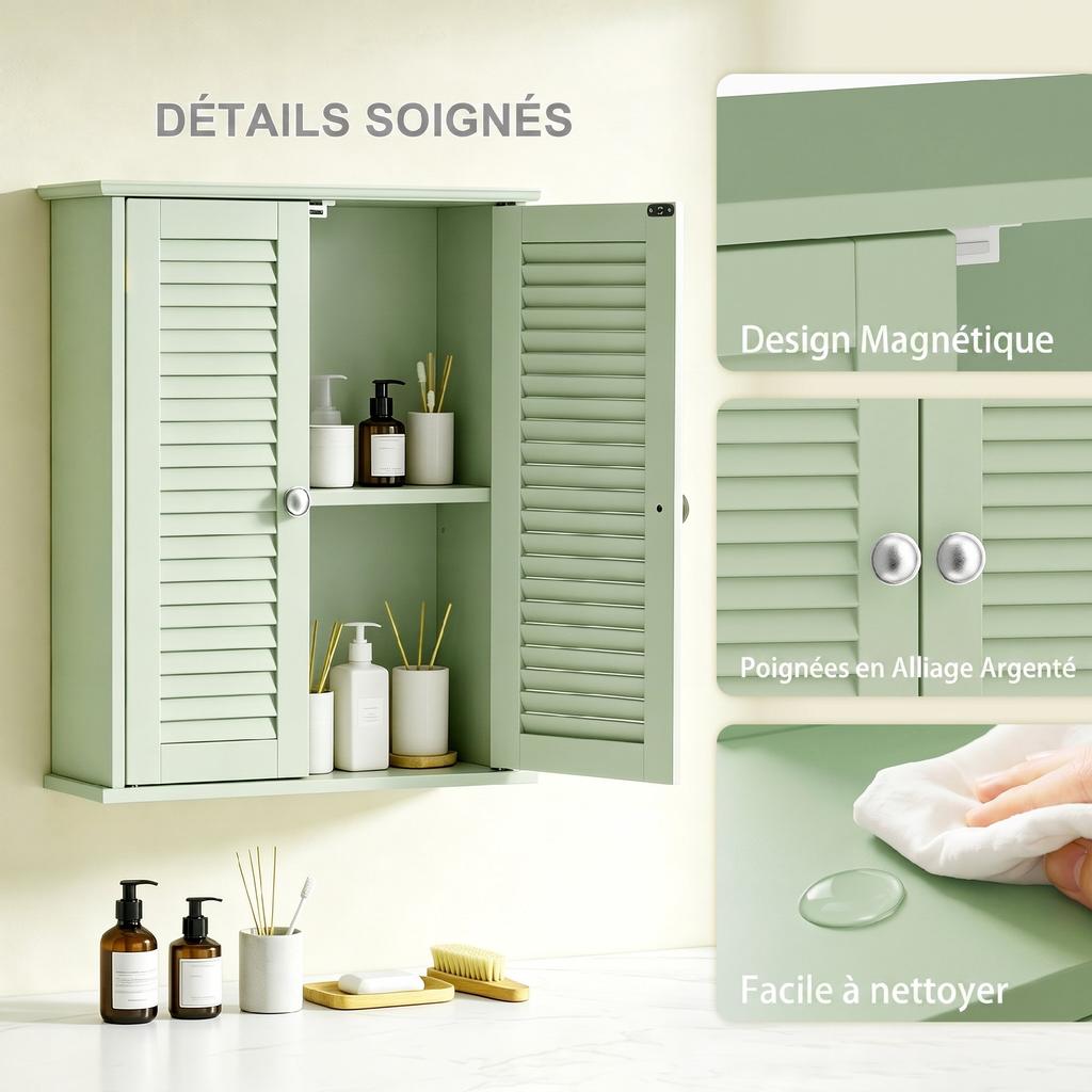 Bathroom Wall Cabinet, Hanging Storage Unit, 2 Louvered Doors, Adjustable Shelf, Green