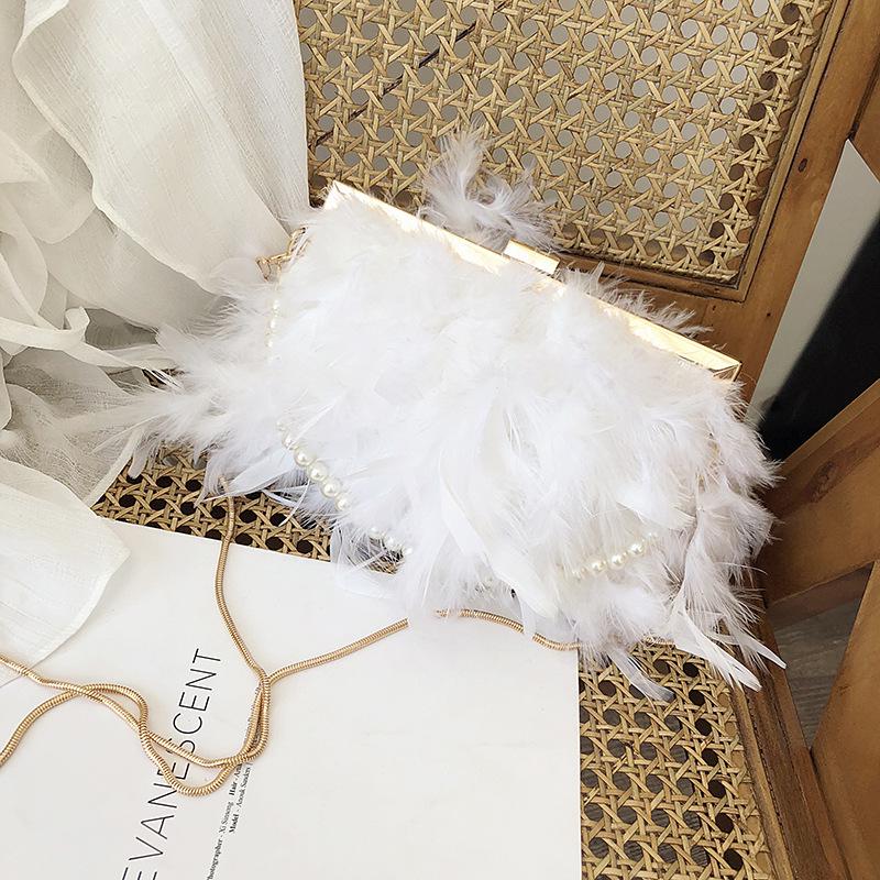 Korean Style Women's Evening Bag: Turkey Feather Crossbody with Pearl Chain and Ostrich Feather Clasp