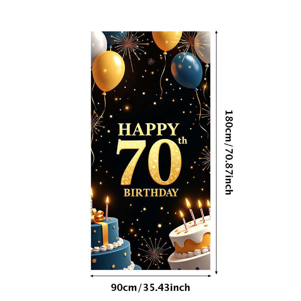 Happy 70th Birthday Banner Backdrop Black gold Birthday Party Decorations Photography Props Sparkle Balloon Background