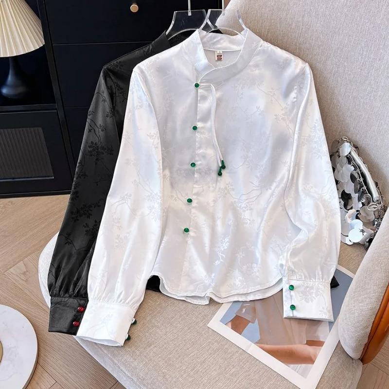 Górny element w stylu starożytnym ze spódnicą w koniki, z długim rękawem, ze stójką, nowy chiński styl, styl wiosenny i jesienny, bluzki