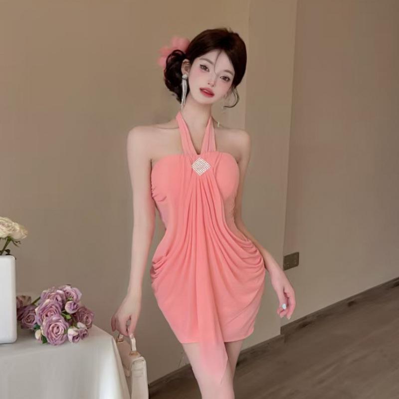 

Sleek Mesh Halter Bodycon Dress - Sexy Nightclub Style Small рожевий