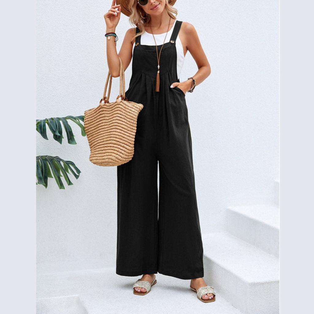 Women's Clothing, Solid Color Casual Overalls, Straight Leg, Comfortable Overalls, Mid Waist, Patchwork/spliced Pants