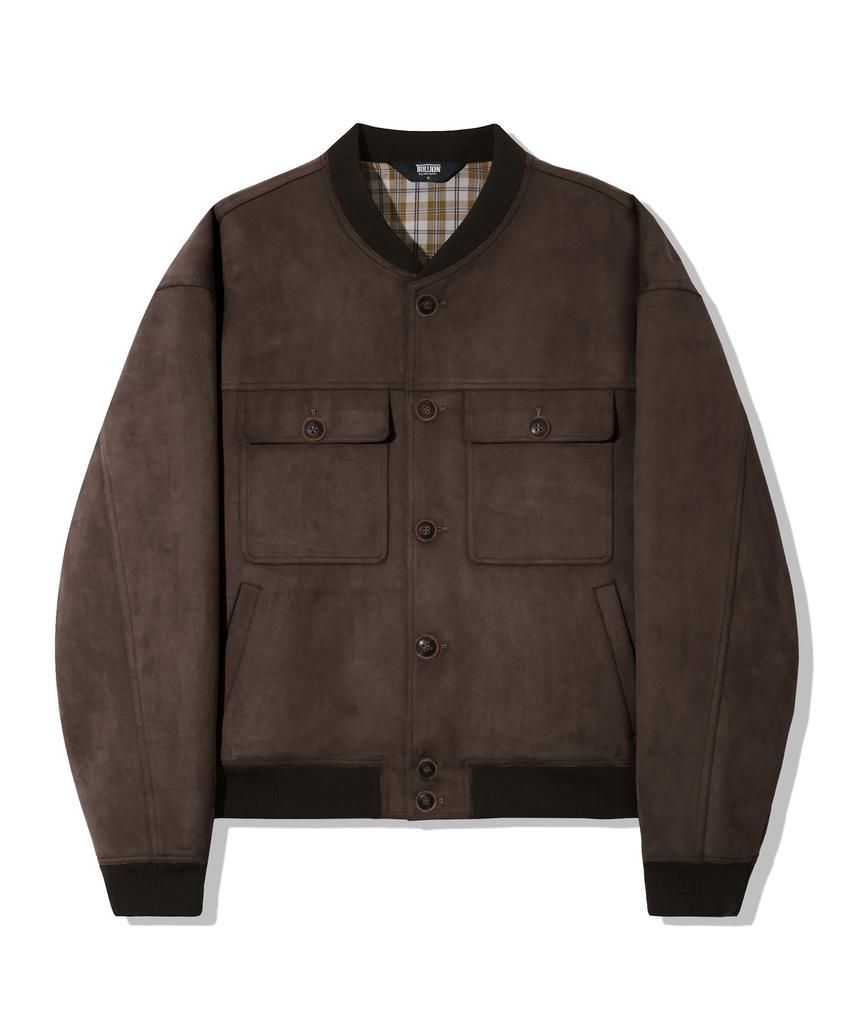 Trillion Two-Pocket Button Suede Bomber Jacket_Brown