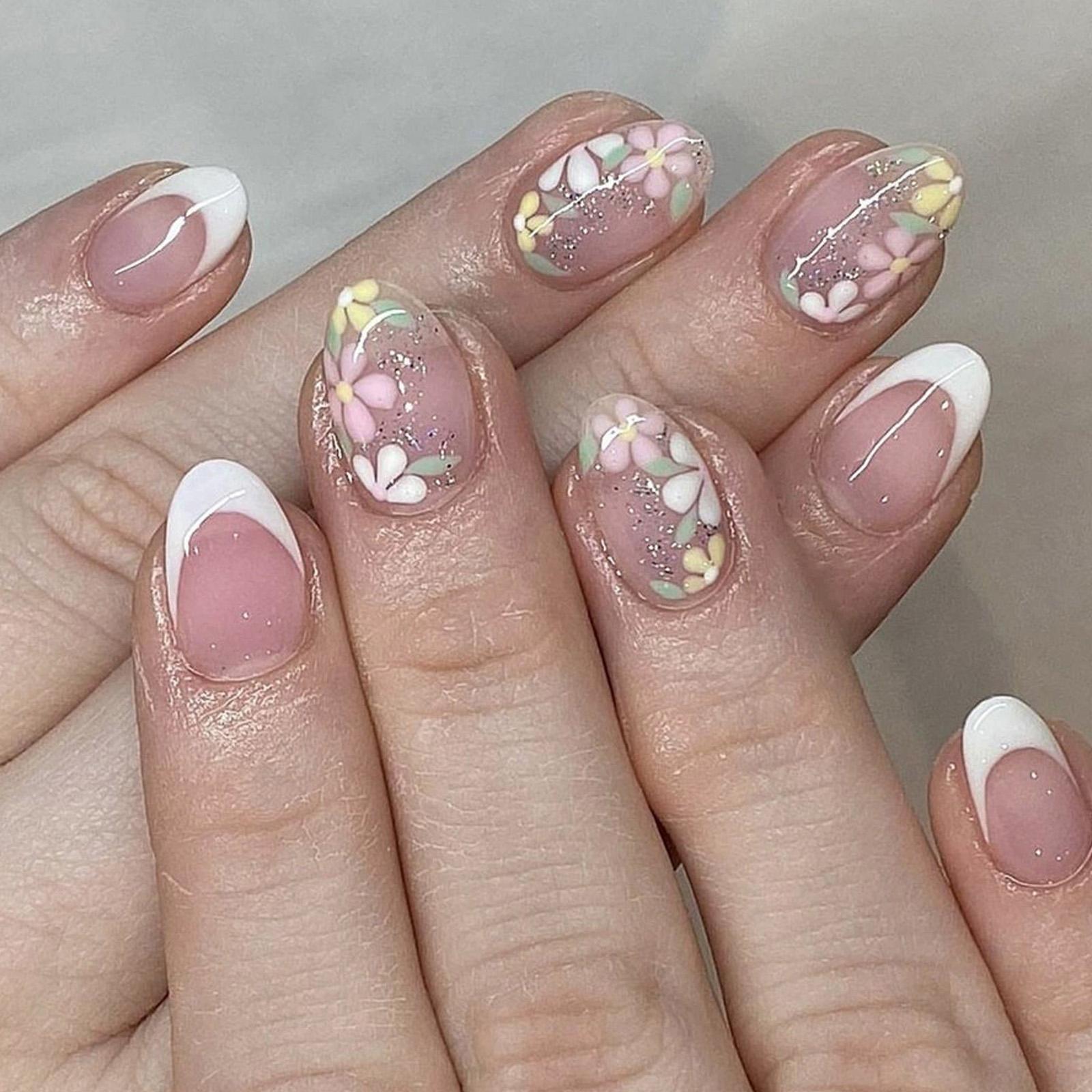 

24 шт. Накладные ногти с цветами, французские ногти-балерины, акриловые ногти с блестками, дизайн, накладные ногти, клейкие ногти для женщин