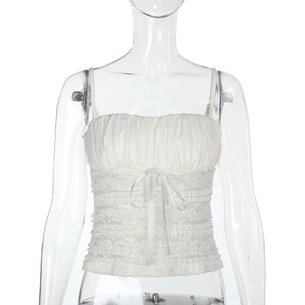Women's Square Neck Sleeveless Lace Crop Top Slim Fit Sexy Streetwear Sheer Tie Spaghetti Strap Tank Top