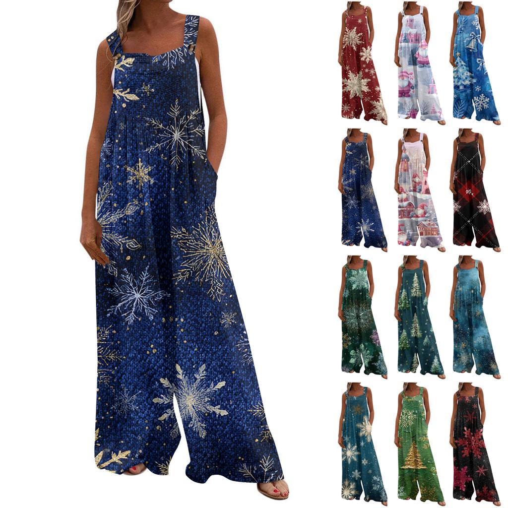Women's Christmas Print Solid Wide Leg Strapless Tank Pocket Casual Onesie