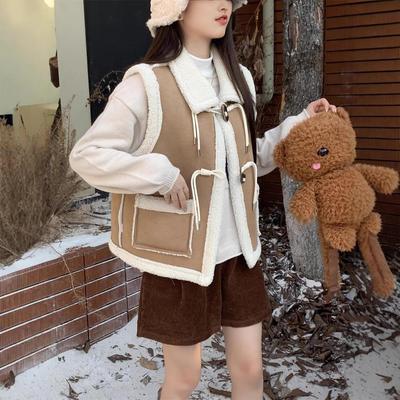 Korean Sweet Girl Horn Buckle Lamb Wool Vest - Lazy Style