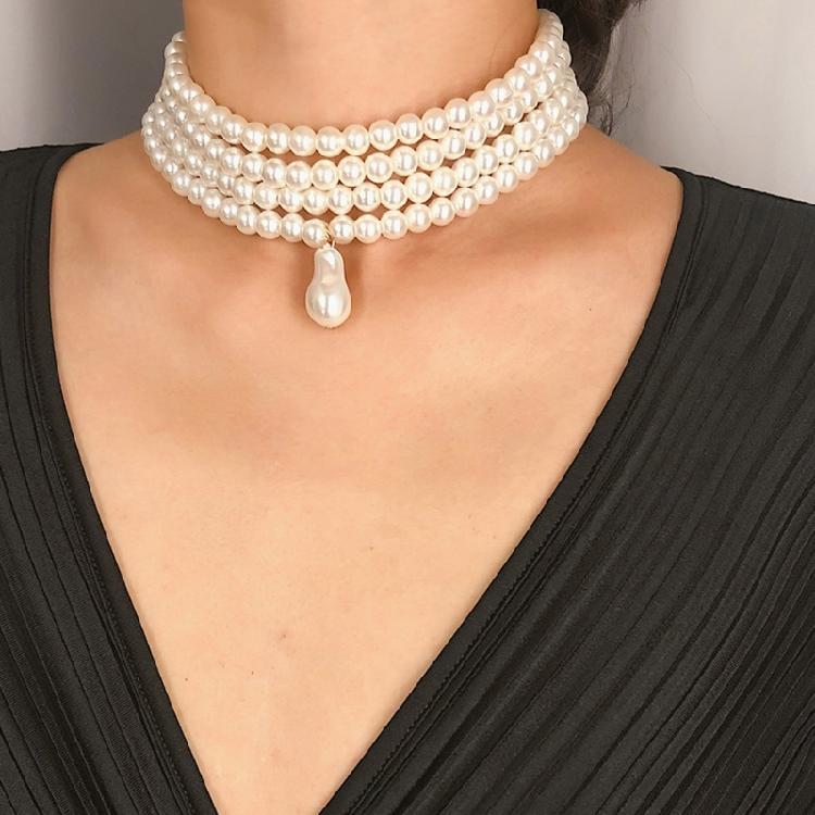 Simulated Pearl Necklaces Statement Bridal Choker Multi-Layer Pearl Necklace