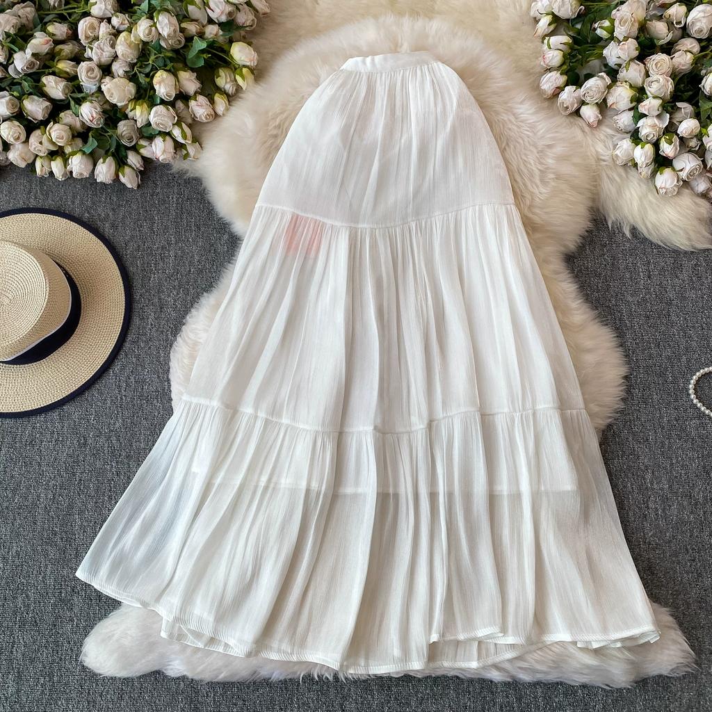 Sommer Herbst Neu Einfarbig Rüschen Patchwork Chiffon Fließender Rock für Damen Hoher Bund Vielseitiger Midi Rock für Damen