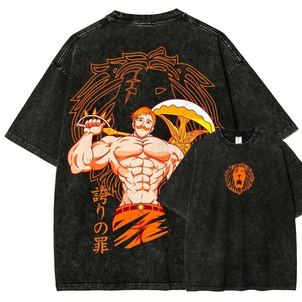 Personality Clothes Japan Hittebloed Anime Zeven Doodzonden Escanor Grafische Print T-shirt Mannen Vrouwen Mode Vintage Gewassen Katoen Tee Oversized Top M wit