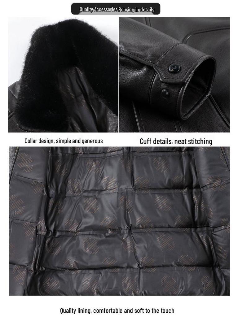 Luxury Men's Winter Leather Jacket with Down Liner - Middle-Aged Business Casual Warm Fur