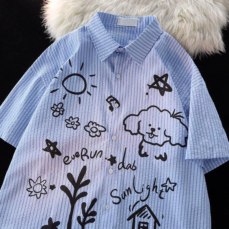 

Graffiti Printed Striped Women s Shirt Button Lapel Short Sleeved Couple s Blouse Loose Casual Summer Trendy Woman Top M синий