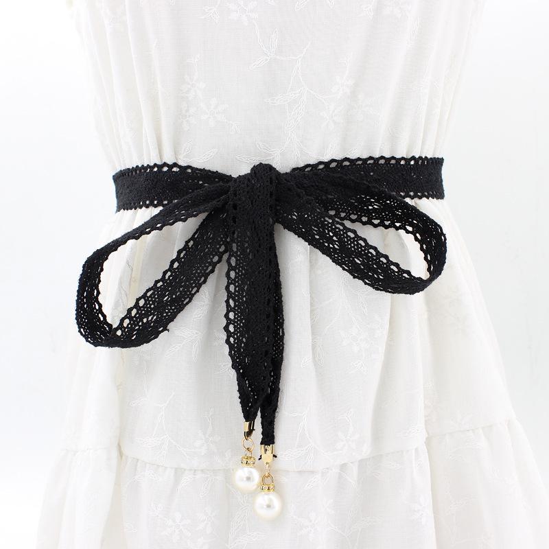 Versatile lace fabric decorated pearl waist chain - perfect for accentuating the waist of your women's dresses with a knotted waist cord