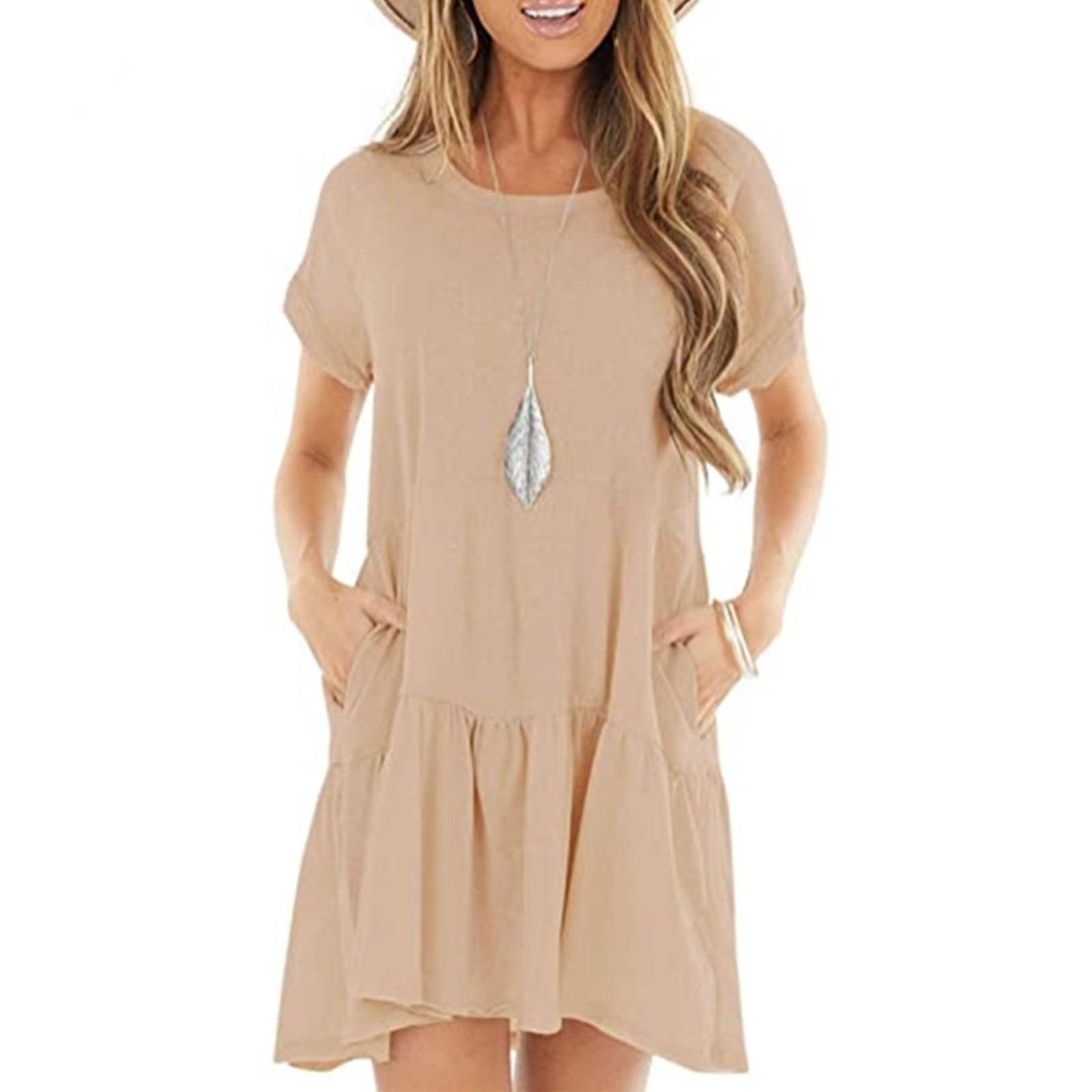 

Женские модные повседневные платья с круглым вырезом и коротким рукавом с оборками XL бежевый