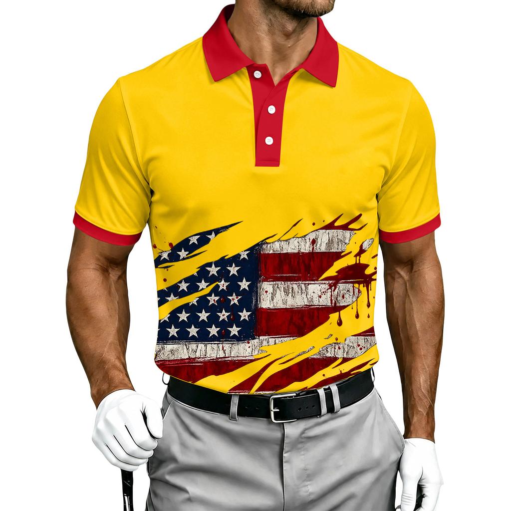Men's Short Sleeve Polo Shirt Halloween Flag Print Casual Summer Breathable Lightweight Button Collar Top