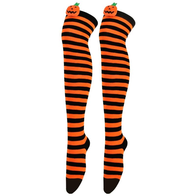 Women Halloween Over Knee Long Socks Cute 3D Wicked Evil Pumpkin Striped Print Thigh High Stockings Holiday Hosiery