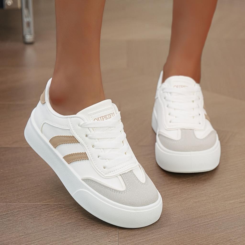 Ladies' Casual Sports Shoes - Lightweight Low Top Shoes with Breathable Lining, Comfortable Sole and Striped Design, Fashionable and Versatile