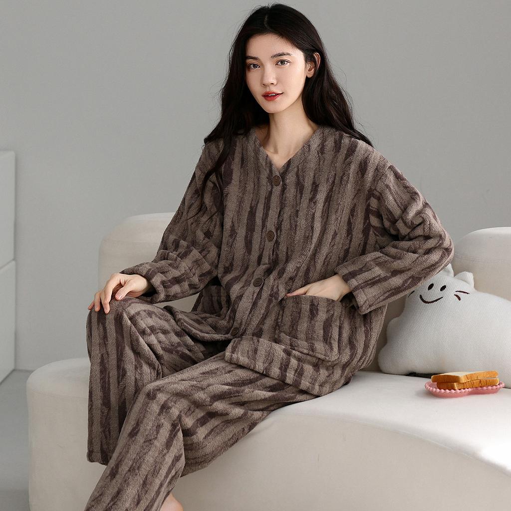 Coral Fleece Pajamas Women'S Autumn And Winter Long-Sleeved Flannel Fleece Thickened Warm Loungewear Set