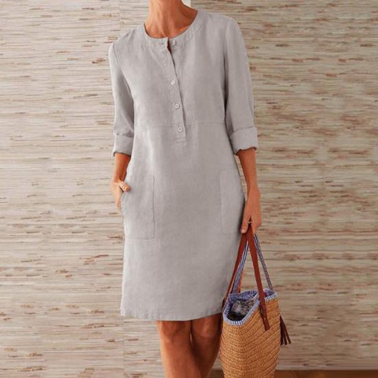 Casual Women Loose Solid Color Buttons Cotton Linen Long Sleeve Midi Dress