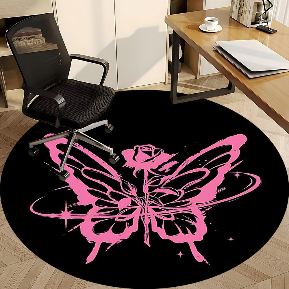1 Stück Schmetterling Rosenmuster Büro Runder Teppich, Matte Geeignet Für Büro, Unter Bürostühlen Schlafzimmer Wohnzimmer Heimdekoration, Raumdeko