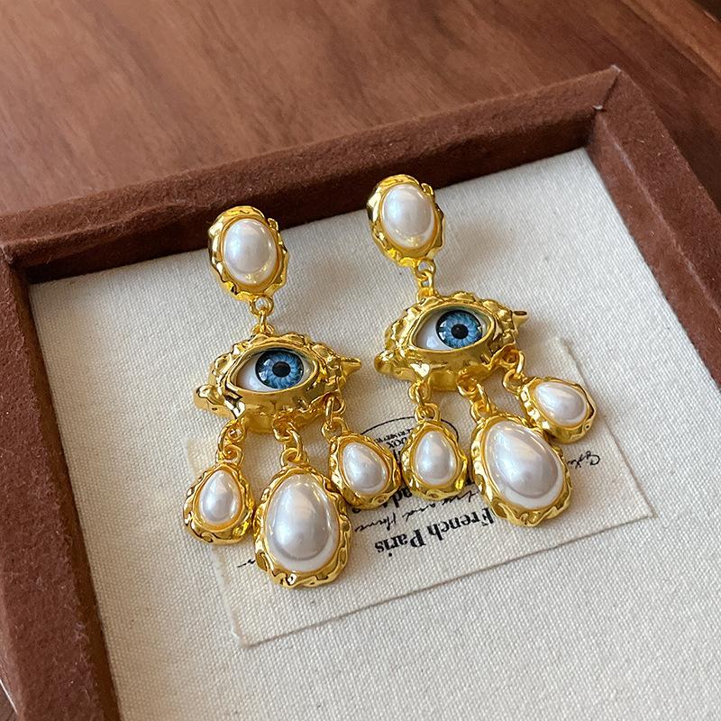 Silver needle pleated eyes artificial pearl earrings court style retro fringed earrings vintage medieval jewelry women