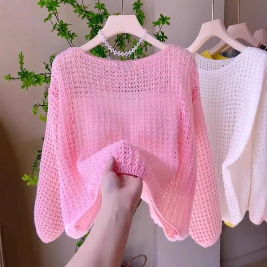 Women Tops Loose Fit One-Shoulder Hollow Knitted Long Sleeve Blouse Pure Color Summer Thin Tops Sun Protection Cover Up Blouse