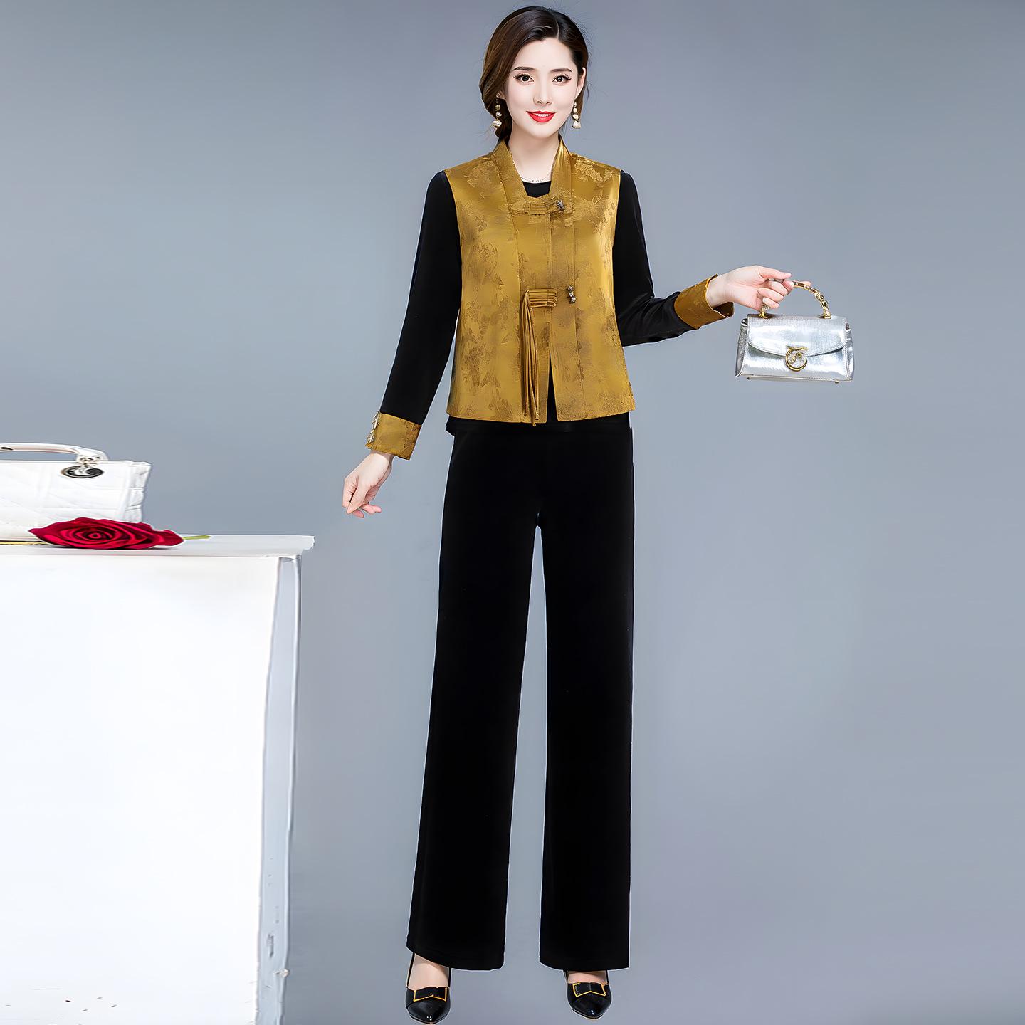 

Elegant Chinese Gold Velvet Three-Piece Suit for Women - 2026 Spring, Slim-Fit, Ideal for Middle-Aged and Elderly Mothers 4XL жовтий