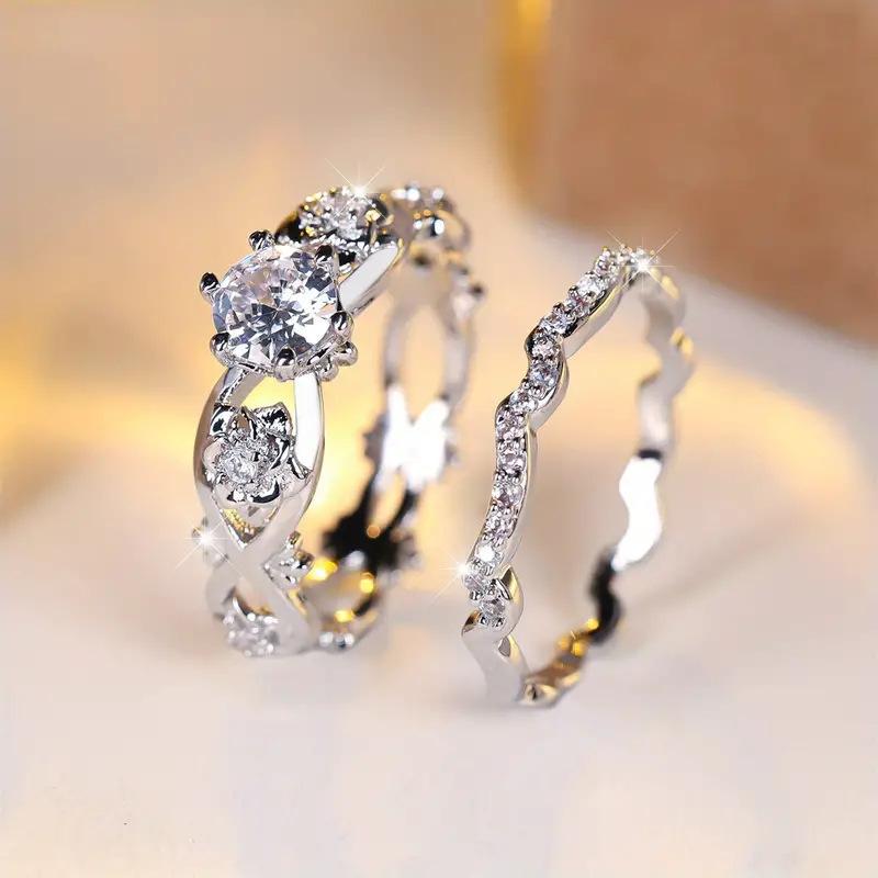 Crystal Female White Zircon Flower Ring Set Fashion Vintage Silver Color Bridal Wedding Engagement Jewelry for Women
