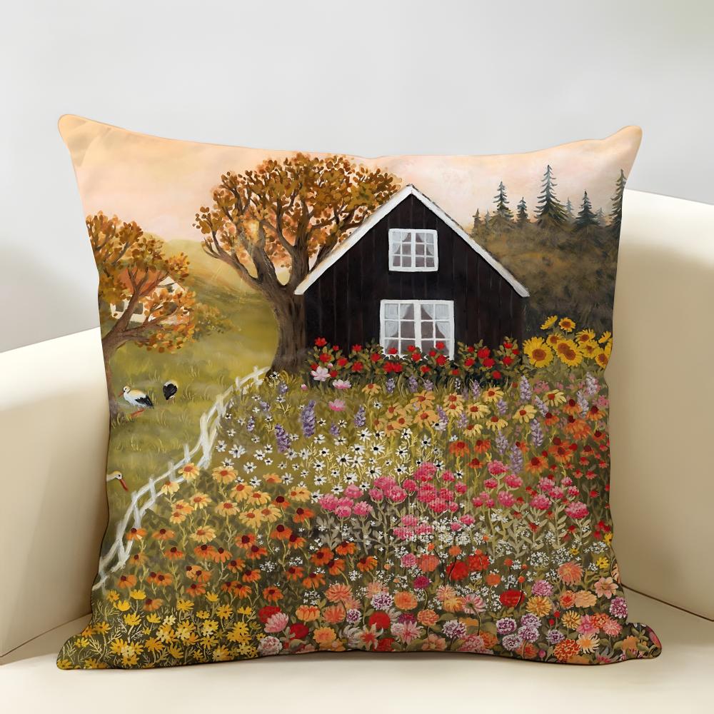 Retro Springtime Village Plants Cushion Cover Natural Linen Organic Fabric DoubleSided Printing Room Sofa Decor Pillow Case