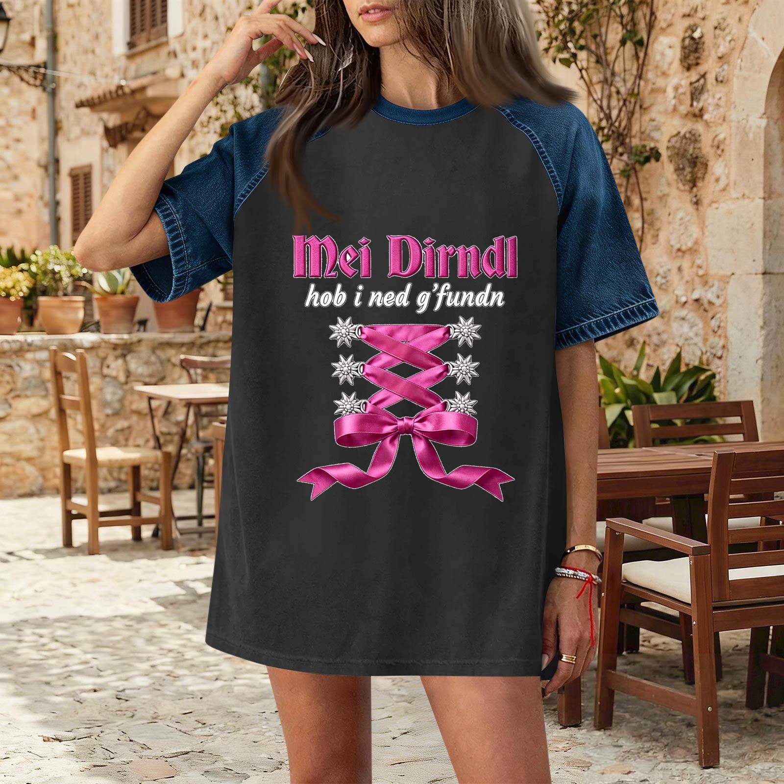 

Casual Women Denim Patchwork Oktoberfest Print Top Comfortable Short Sleeve T Shirt Loose Fit Fashionable Design L