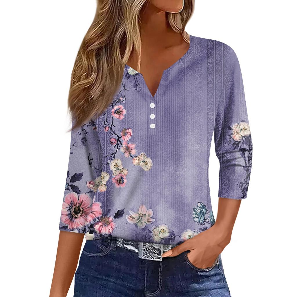 Damen V-Ausschnitt Freizeit Dreiviertelarm Knopf-Detail Top mit Blumenmuster