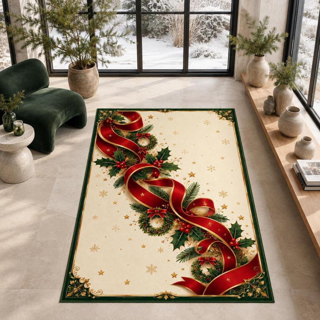 Holiday Noel Pine Tree Area Rug Festive Poinsettia Wreath Pattern Carpet Cozy Living Room Farmhouse Ground
