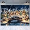 2D verschneite Weihnachtsdorf Kulisse, beleuchtetes Winterstädtchen mit Schlitten und Brücken-Party Hintergrundtuch