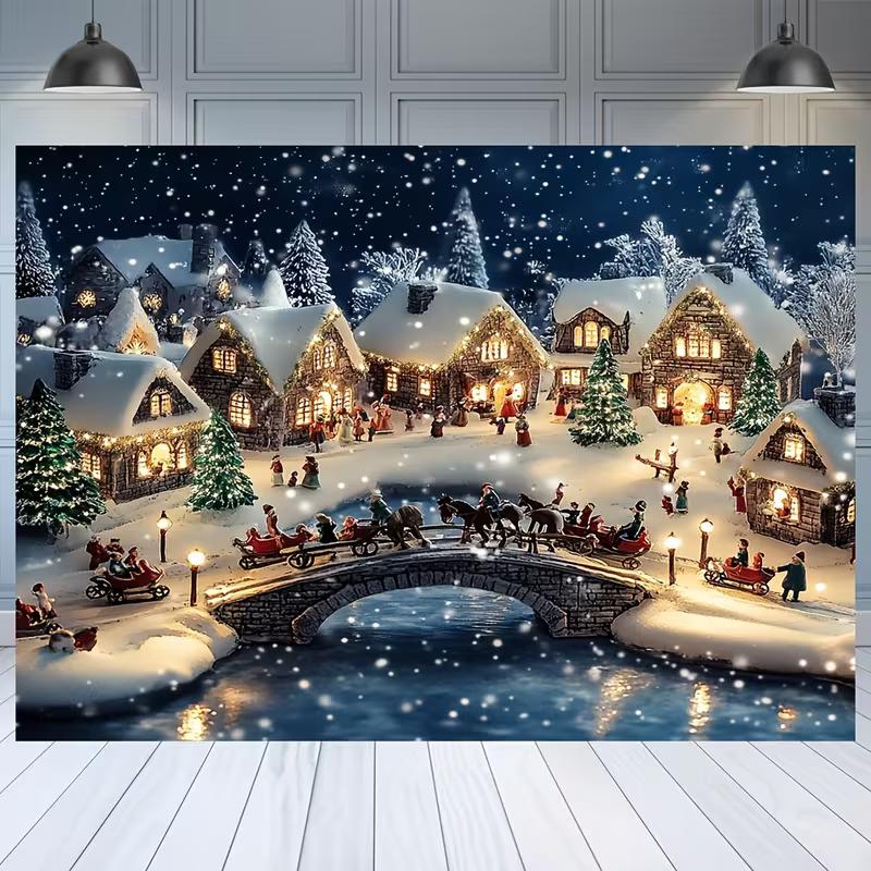 

2D Snowy Christmas Village Backdrop, Lit Winter Town with Sleighs and Bridge Party Background Cloth 47.2x31.5inch/120*80cm