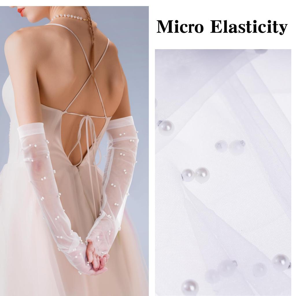 Damen Perlenbesetzte Durchsichtige Tüll Fingerlose Lange Armstulpen Braut Hochzeits Handschuhe Transparentes Netz Armabdeckung für Abendkleid Party Foto Requisiten