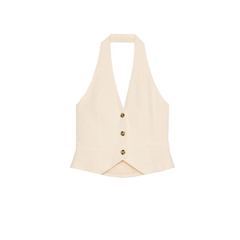 Summer New Product Women's Clothes Decorated Row Button Linen Blended Silm Elegant Hanging Collar Vest Jacket 2010842