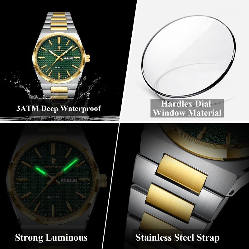 POEDAGAR Luxe Herenhorloge Datum Week Waterdicht Lichtgevend Roestvrij Staal Horloge voor Man Casual Kwarts Horloges Mannelijk Sport+Doos