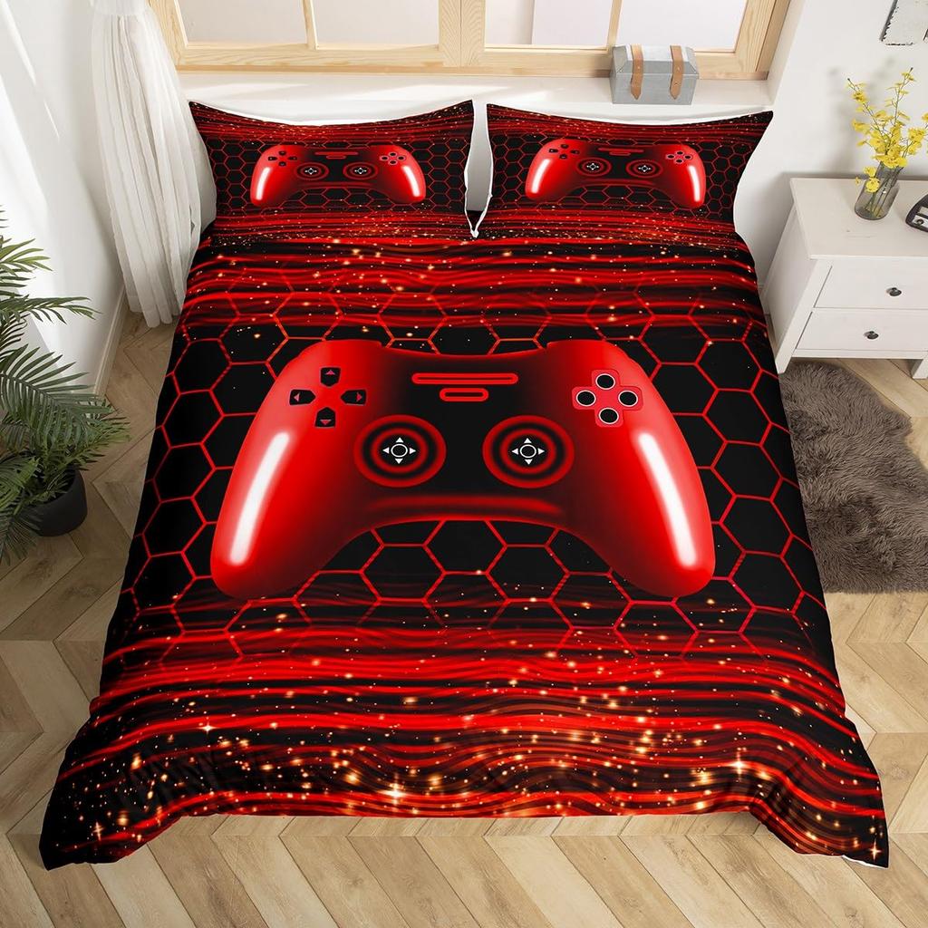 Comforter Gamer Bedding Set Gaming For Kids Teens Men Game Console Bed Set Geometry Stripes Honeycomb Hexagon Comforter