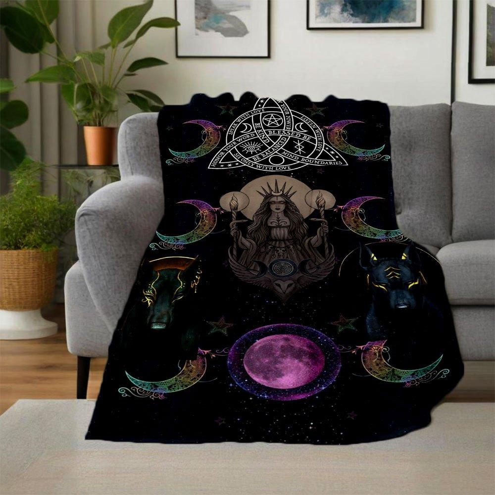 " Moon Phase Goddess and Dogs Wallpaper "Blanket Flannel Throw Blanket for Sofa, Bed, Travel, Camping, Office