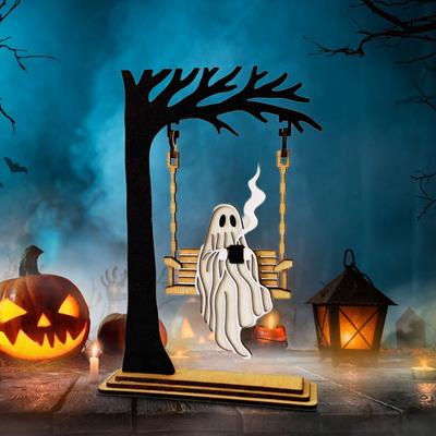 Halloweenska hojdacia ozdoba kostlivca Strašidelné stromčekové hojdacie strašidlo Drevený stolový nápis so základňou Domov Kancelária Pracovná plocha Party Dekorácia
