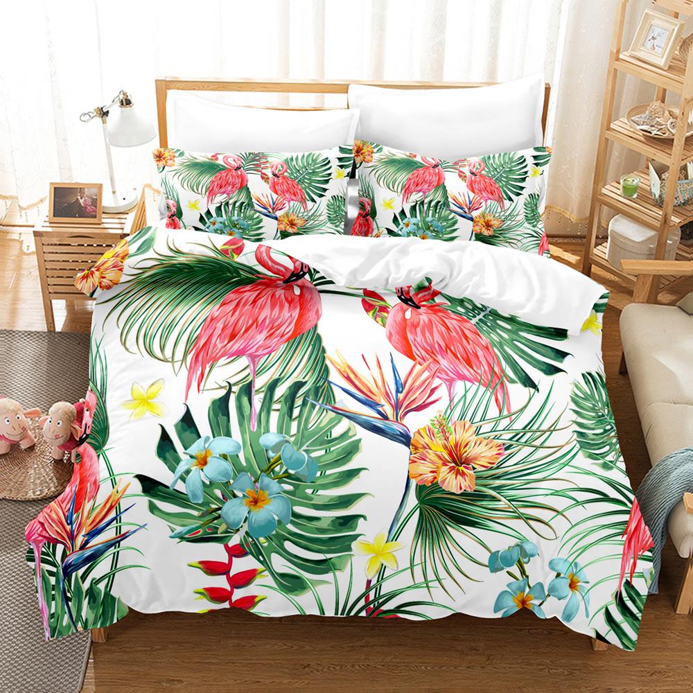 Flamingo Duvet Cover King Queen Tropical Palm Leaves Flower Bedding Set For Adult Red Animal Floral 2/3pcs Polyester Quilt Cover