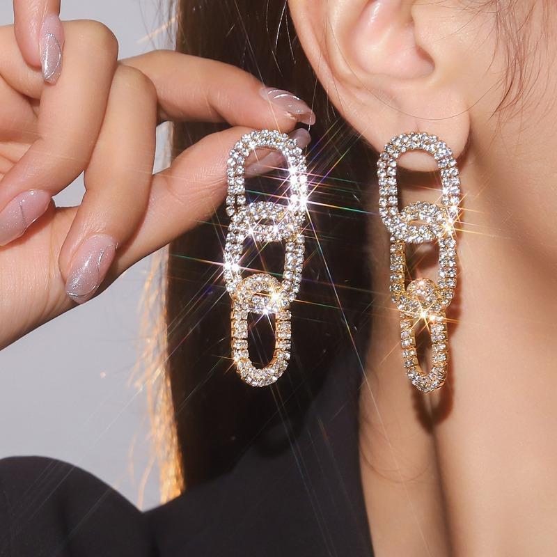 Cercei cu lanț cu strasuri strălucitoare, personalizați, exagerați, cu temperament, sute de cercei asortate, cercei pentru club de noapte, cercei pentru femei, 1 pereche