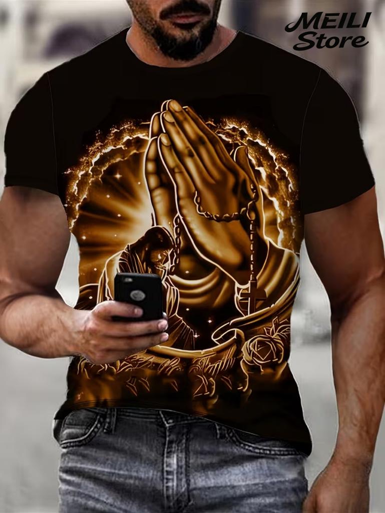T-shirt da uomo con stampa 3D di Gesù a maniche corte, casual, girocollo, design con mani in preghiera, maglietta da uomo, nuova, top oversize