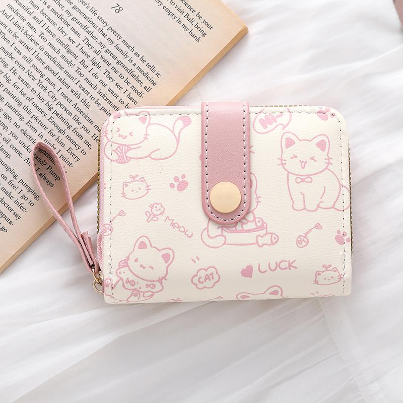 Simple and cute kitten lady buckle change bit portable belt female multi-function short wallet wallet card bag