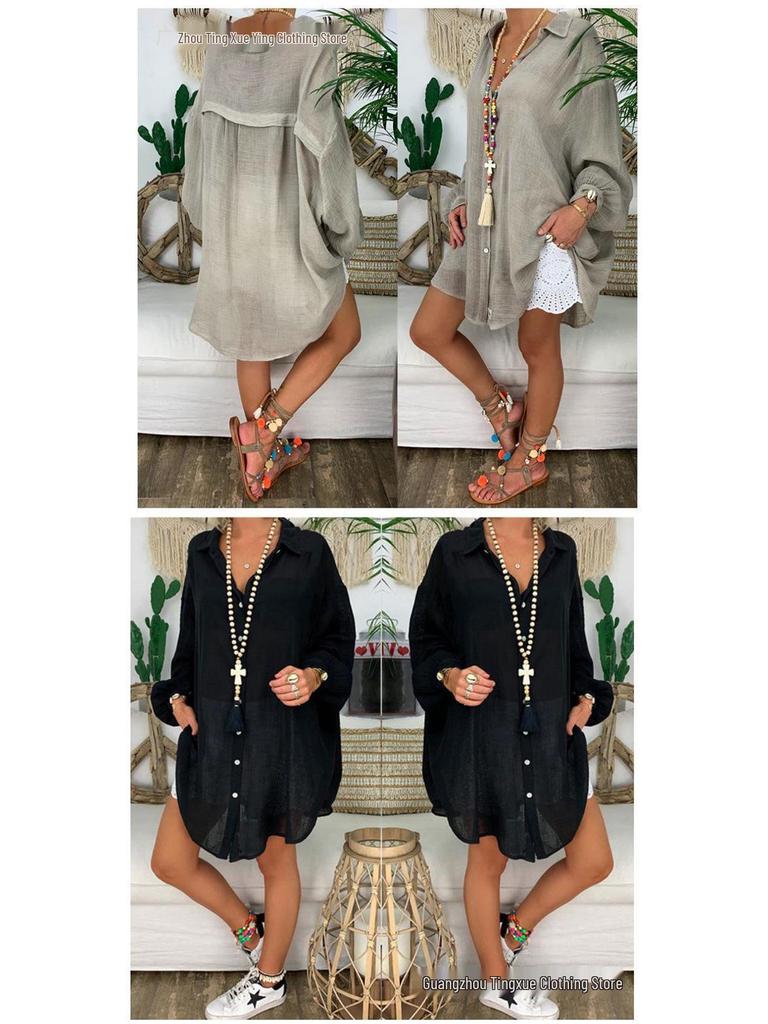 Plus Size Women's Cotton & Linen Long Sleeve Casual Button-Up Shirt