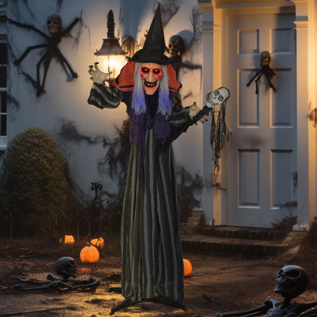 160 cm Halloween decoration, Halloween witch with LED lights, sound function, adjustable arms and body