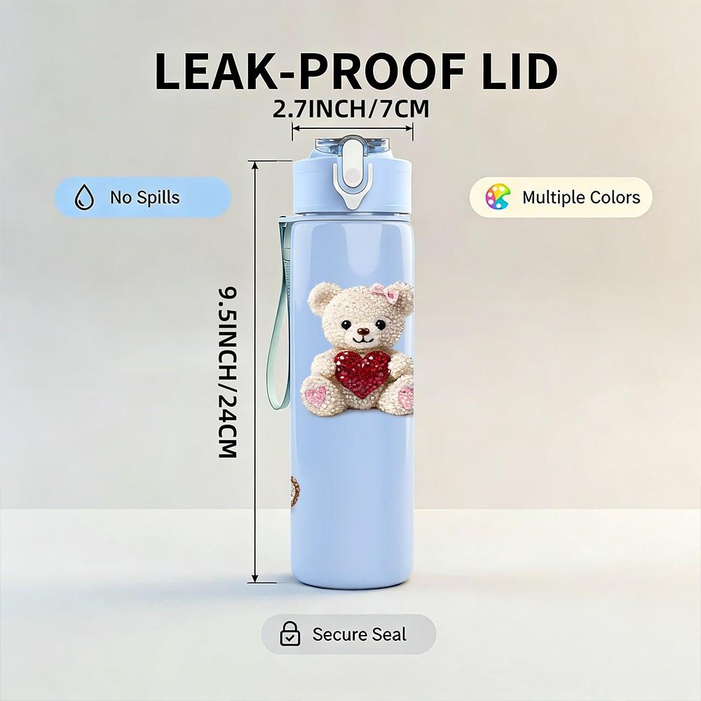 1PC Teddy Bear Toy Group Cartoon Print 750ml Color Plastic Sports Water Bottle Leakproof Flip Straw Lid Suitable for Sports Office Home Use