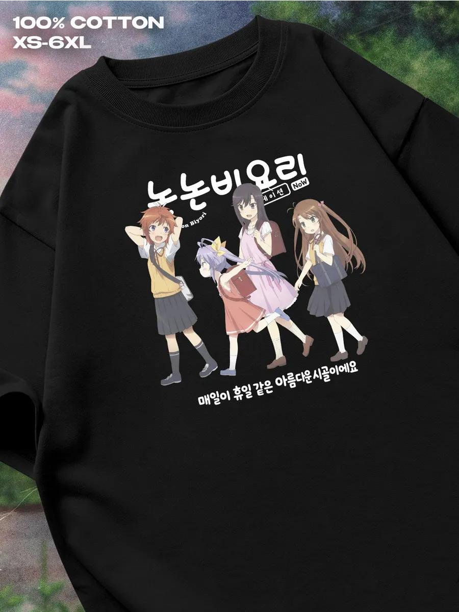 Non Non Biyori Anime black T‑shirt Mens Tshirt Womens Tshirts with Letters Print Short Sleeves T-Shirt Casual Street Tee Shirt Top XXXXL