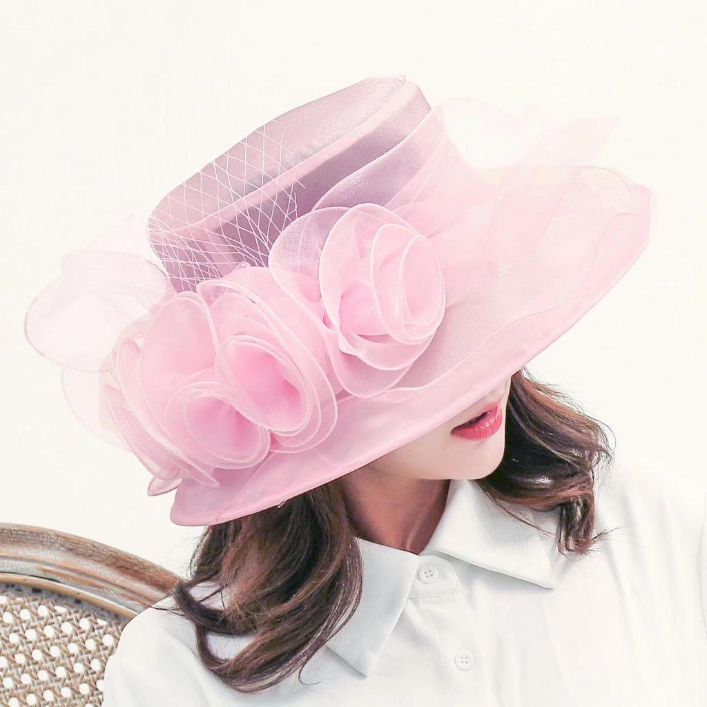Women's Vintage Organza Sun Hat with Mesh Flower Details
